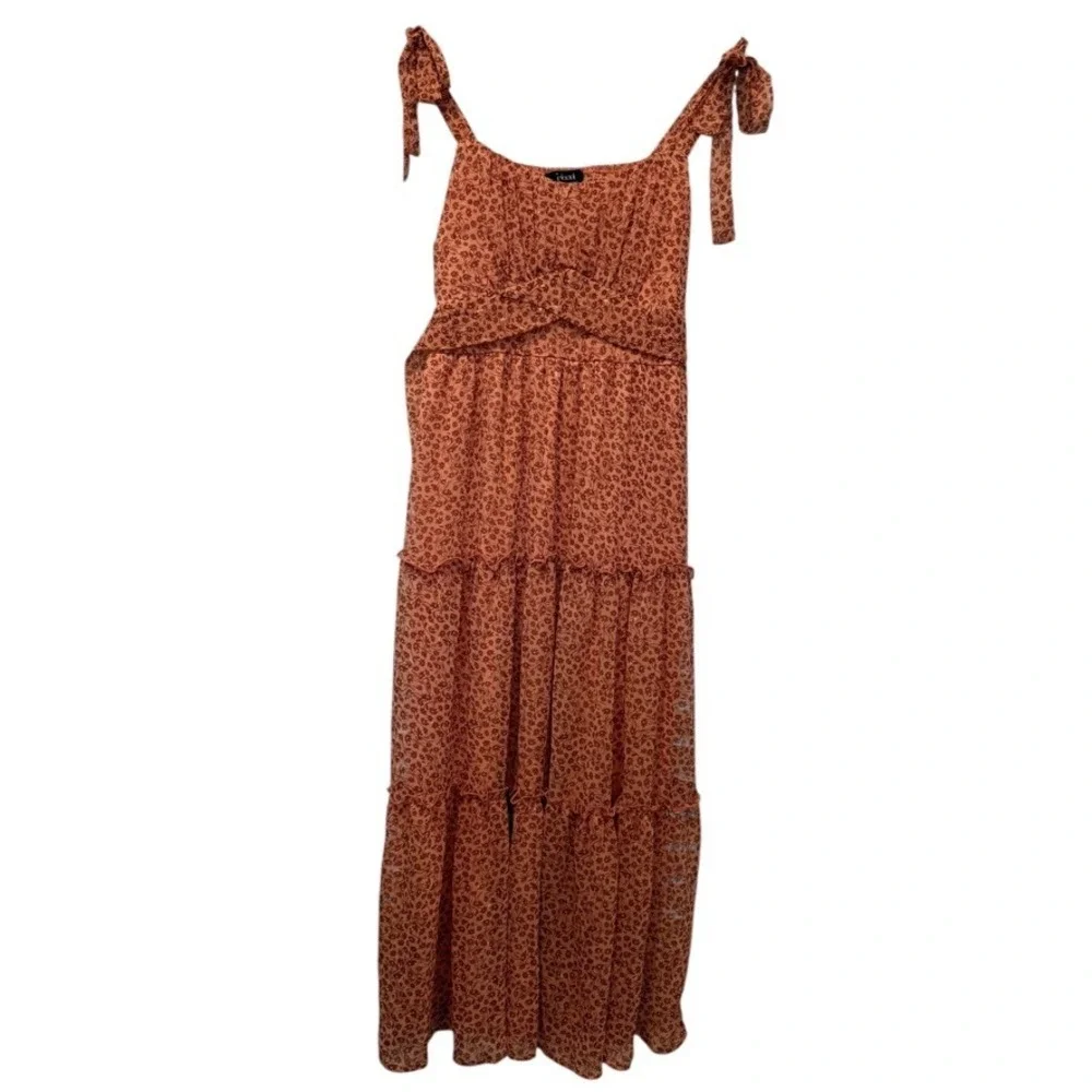 Trixxi Floral Tiered Maxi Dress Rust Orange Lurex XS Boho Cottagecore - Picture 2 of 8